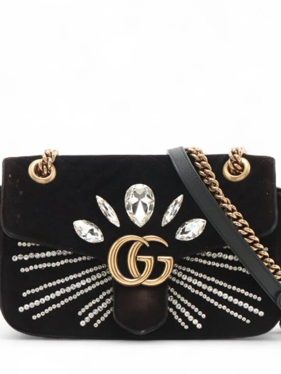 Gucci Handbags - Gucci GG Marmont Crystals Velour x Bijou Chain Shoulder Bag Black